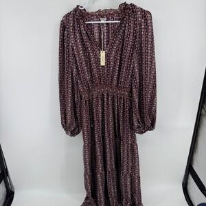 Max Studio London Burgundy Floral Smocked Maxi Dress 2908D60 Size Medium NWT